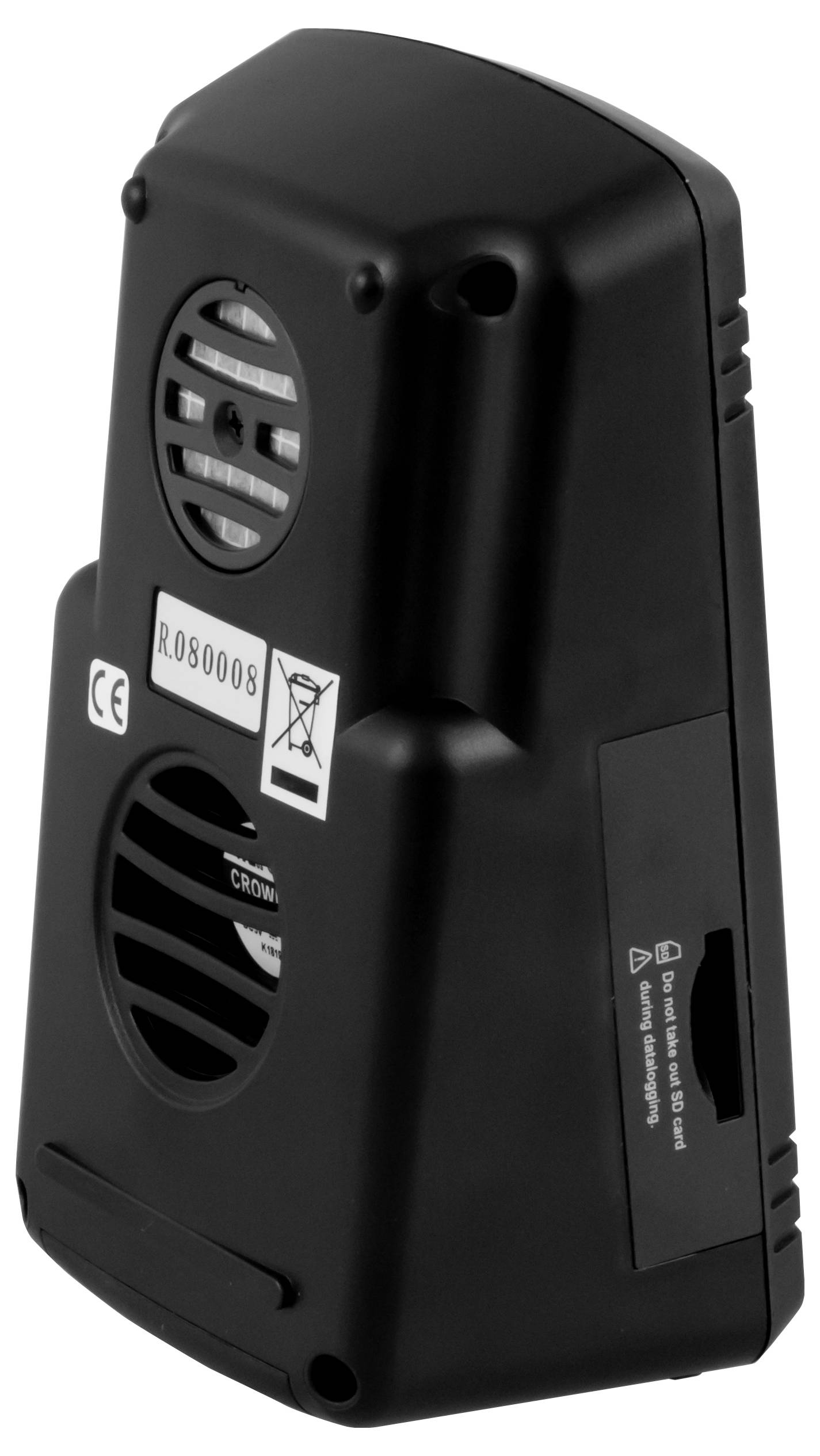 Schwarzes tragbares elektronisches Gerät von hinten gezeigt, mit Lüftungsschlitzen, Etikettenaufklebern und einem Batteriefach oder einer Zugriffsöffnung.