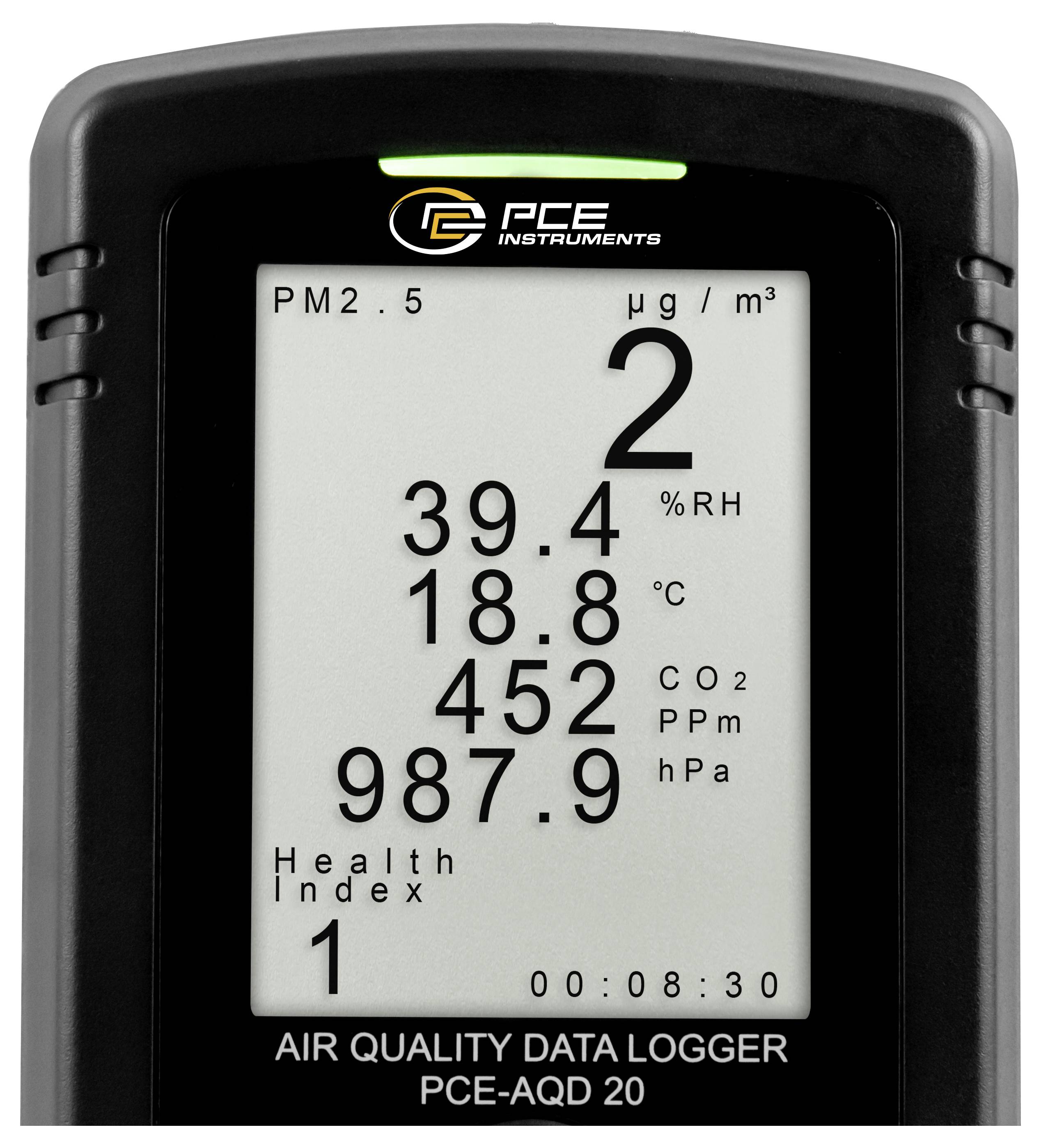 Anzeige des Luftqualitätsdatenloggers mit PM2,5 2 µg/m³, Luftfeuchtigkeit 39,4%, Temperatur 18,8°C, CO2 452 ppm, Luftdruck 987,9 hPa und Gesundheitsindex 1.