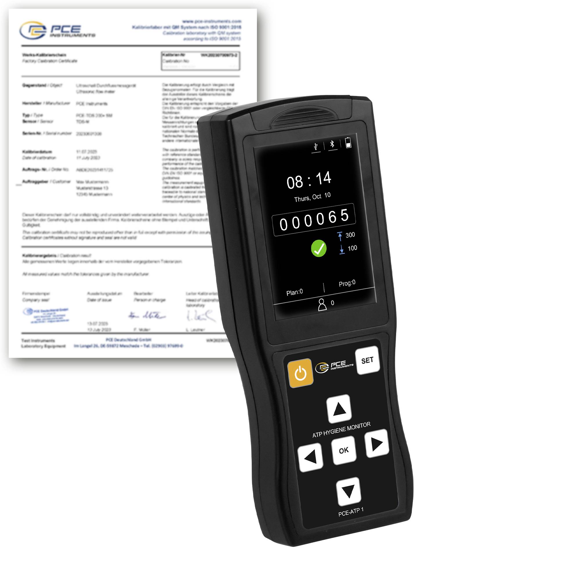 Tragbares PCE-Testinstrument mit Display und Tastenfeld vor einem Kalibrierzertifikat von PCE Instruments.