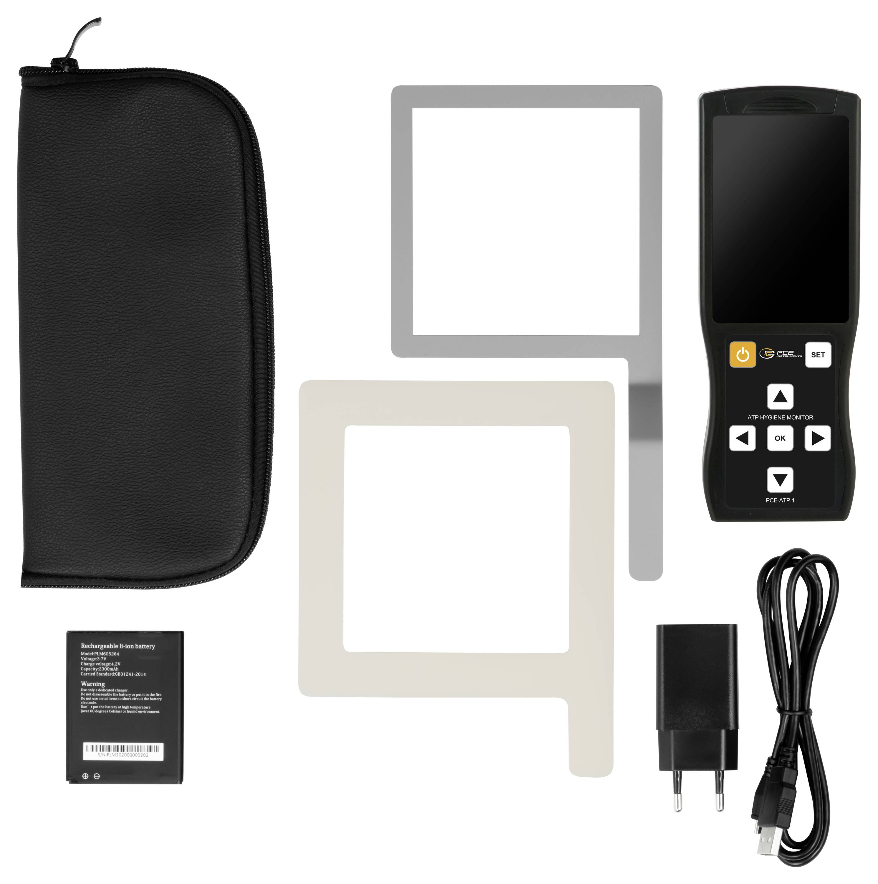 Tragbares digitales Druckmessgerät-Set mit Transportkoffer, zwei Adaptern, Ladegerät, USB-Kabel und enthaltenem Akku.