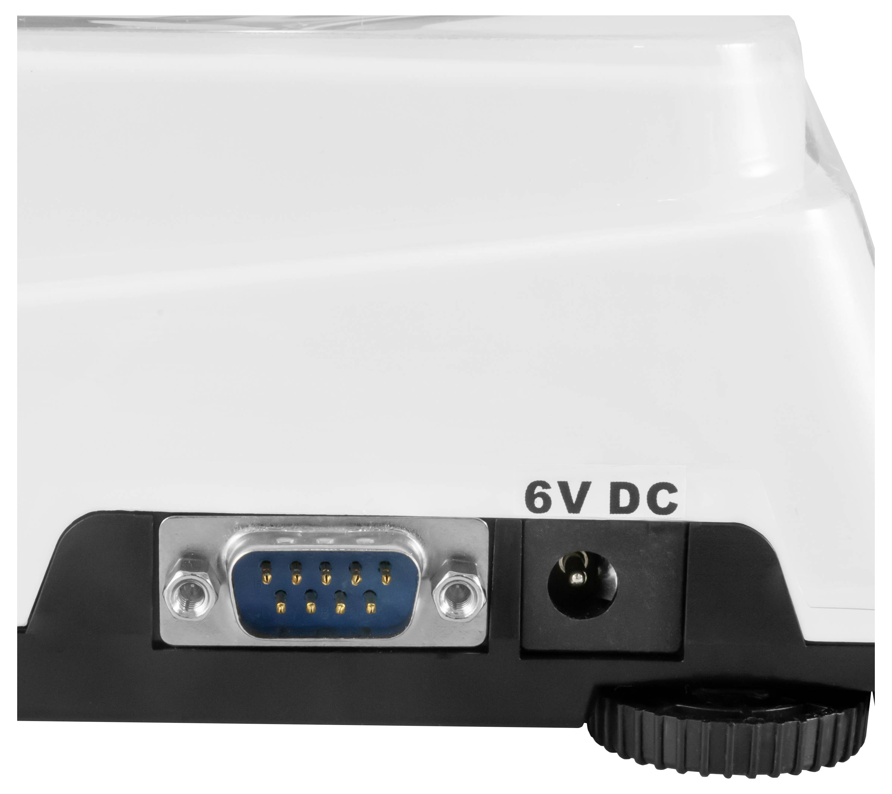 Nahaufnahme eines Geräterückpaneels mit einem 9-poligen Serienport und einer Stromversorgungsbuchse, die mit „6V DC