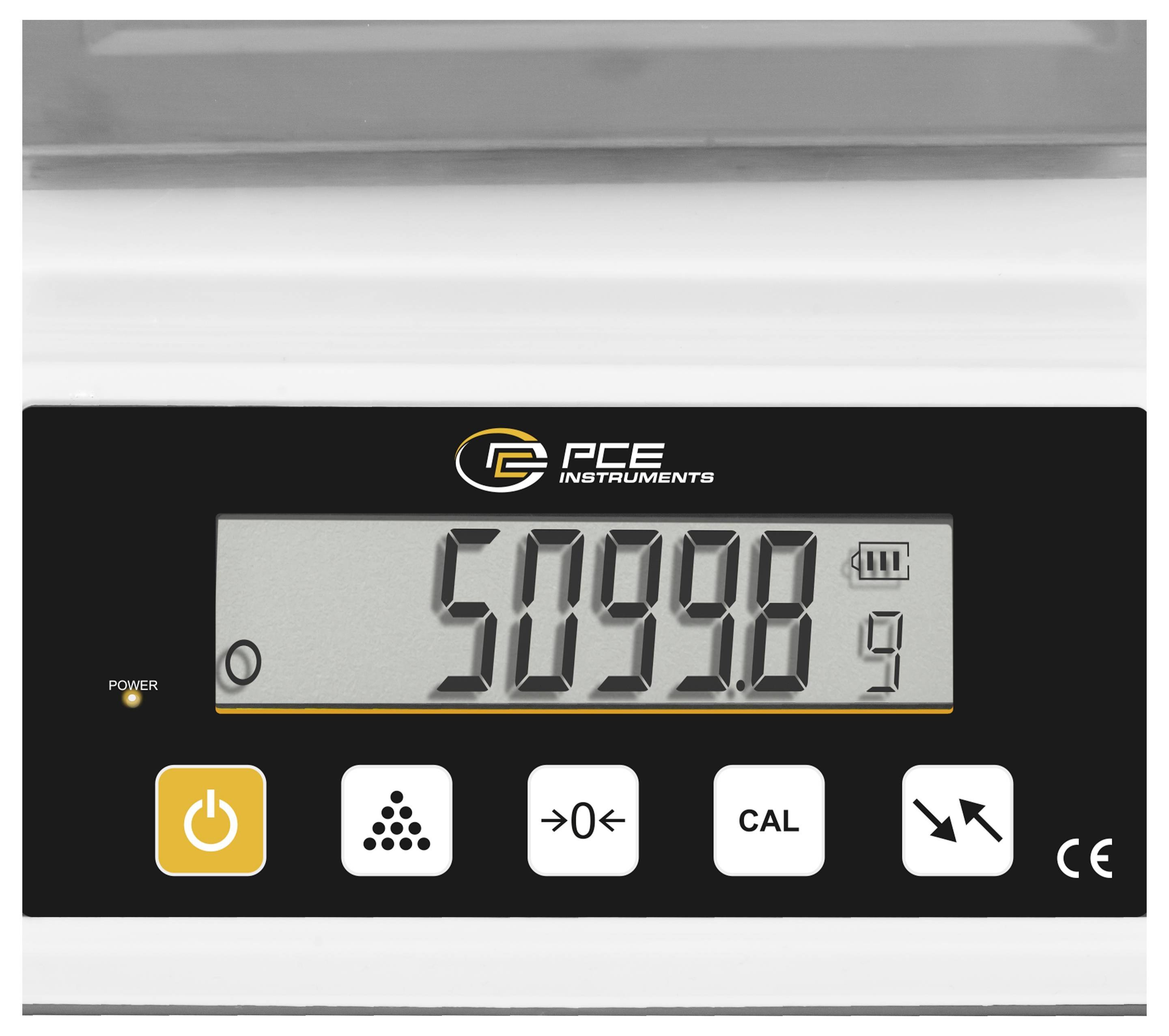 Digitales PCE-Messinstrument-Display mit einer Anzeige von 5099,8, Batteriesymbol und Steuertasten darunter, was eine Schnittstelle eines Messinstruments anzeigt.