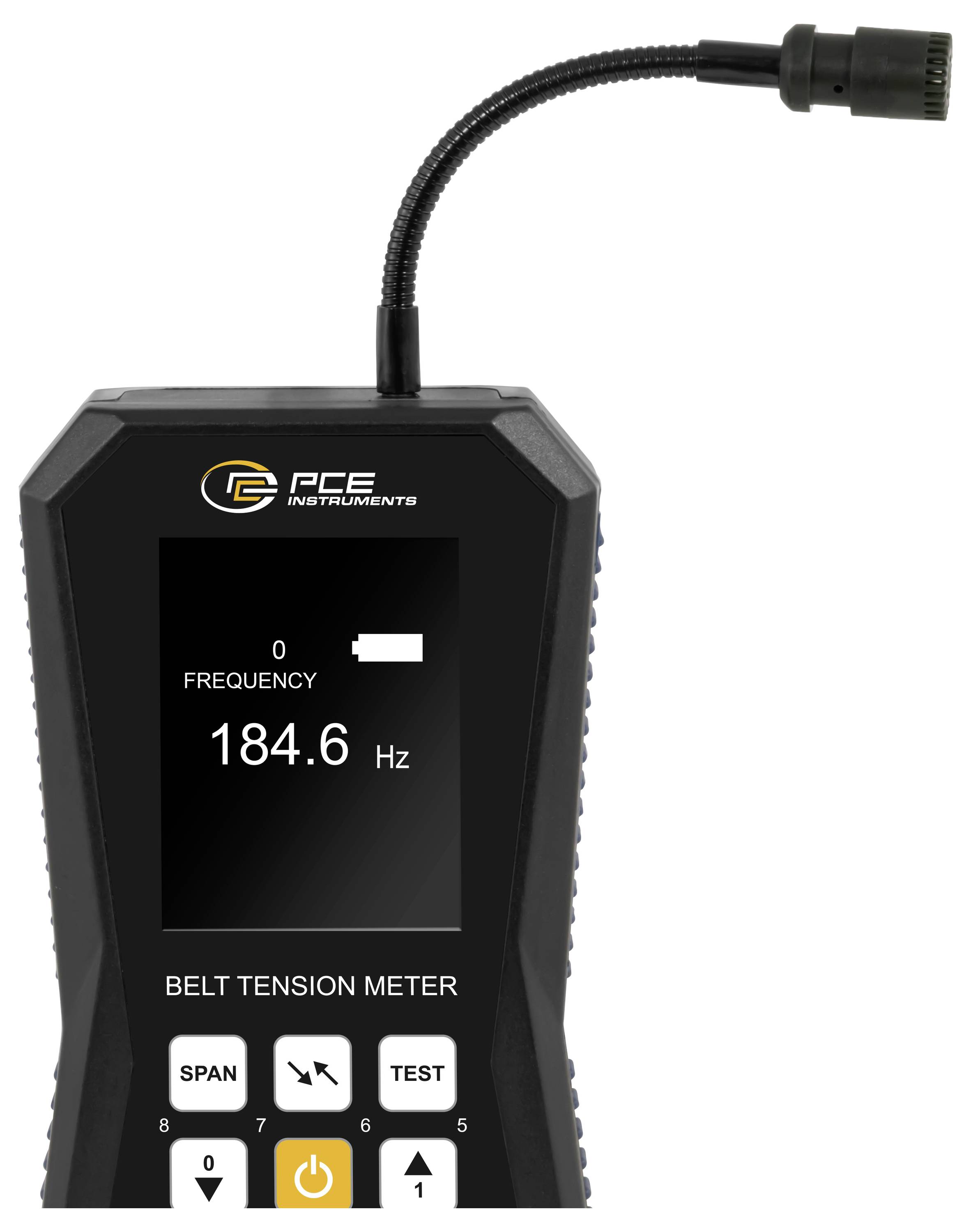 Tragbares PCE-Messinstrument zur Riemenspannungsmessung mit Kabelprobe, das eine Frequenz von 184,6 Hz auf seinem Display anzeigt.