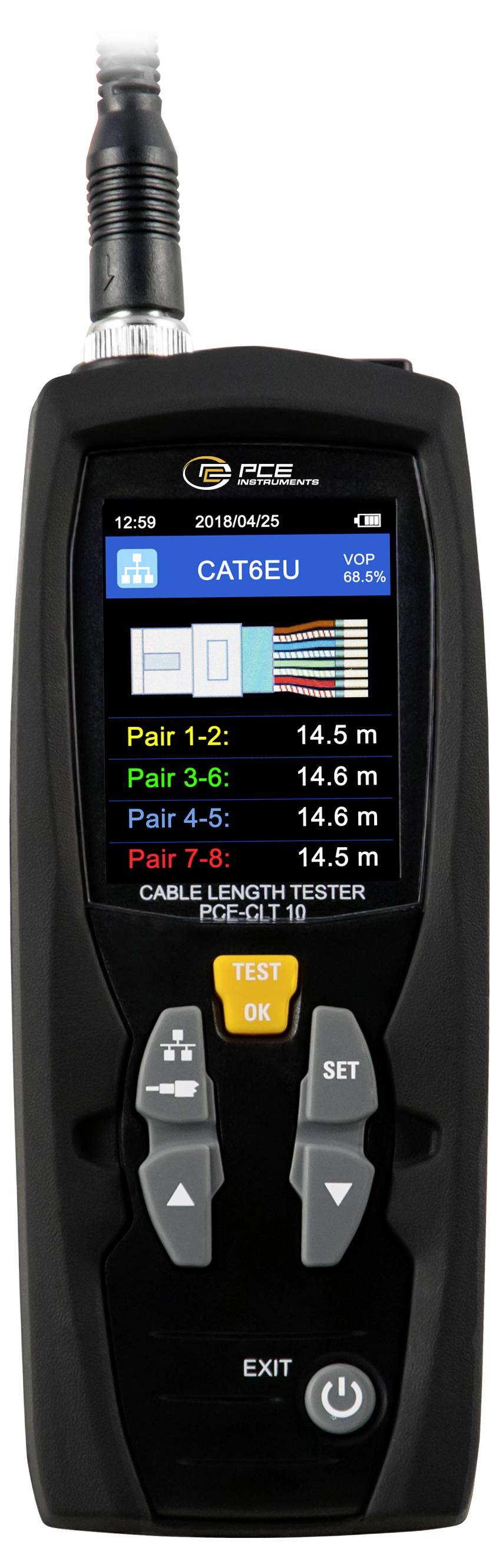 Tragbarer Kabellängentester, der CAT6EUT anzeigt, mit Längen für die Adernpaare 1-2, 3-6, 4-5 und 7-8 um etwa 14,5-14,6 m sowie eine TEST OK-Schaltfläche.