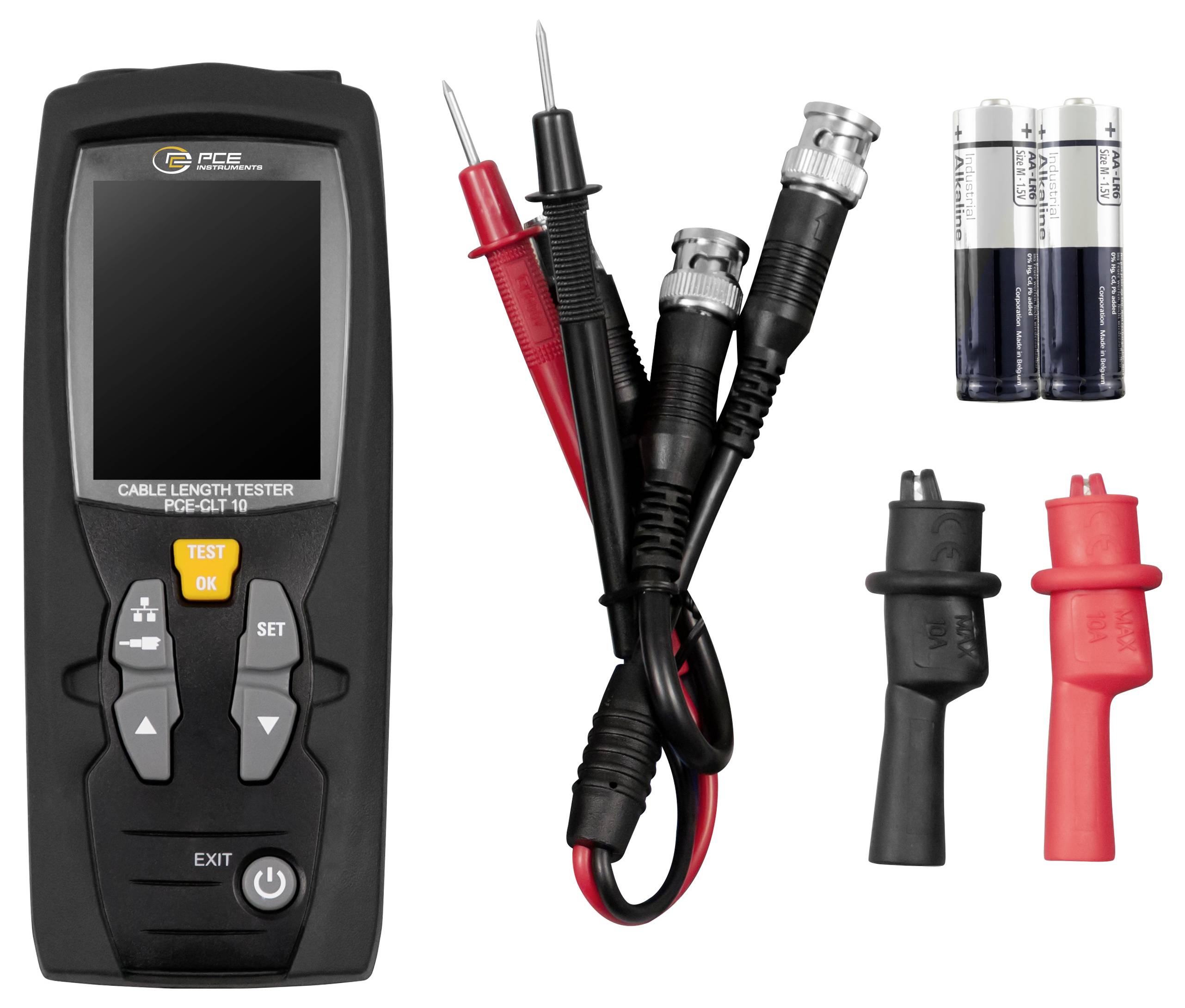 Kabellängentester mit Bildschirm und Tasten, gezeigt mit Testleitern, Batterien und rot/schwarzen Steckverbinderadaptern.