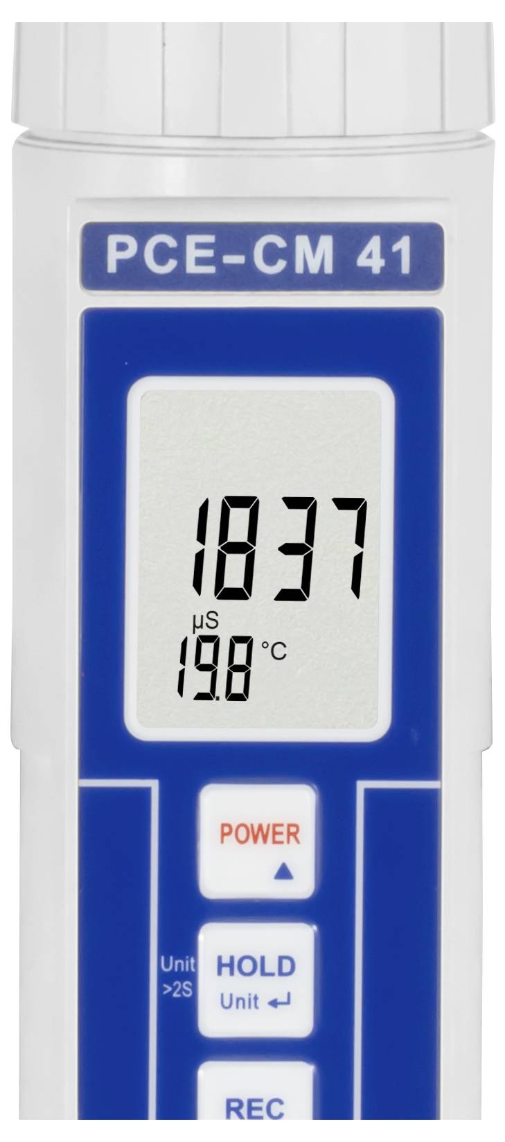 Tragbares Messinstrument mit digitaler Anzeige von 1837 µS und 19,8°C, beschriftet PCE-CM 41, mit Tasten für Stromversorgung, Hold und Rec.