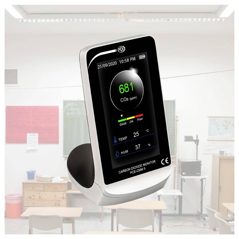 Kohlendioxid-Monitor zeigt 681 ppm, 25°C Temperatur und 37% Luftfeuchtigkeit in einem Klassenzimmer an.
