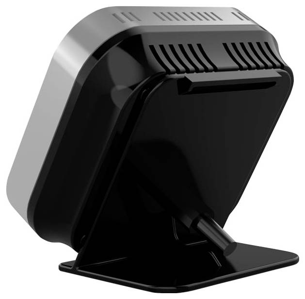 Kompaktes schwarz-graues Desktop-Gerät in einem geneigten Ständer mit einem vorderen Schlitz und Sockel, gezeigt auf weißem Hintergrund.