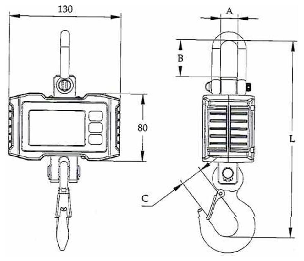 Technische Strichzeichnung einer hängenden digitalen Waage mit Haken und Klammer, zeigt Vorder- und Seitenansicht mit Abmessungen 130, 80, A, B, C und L.
