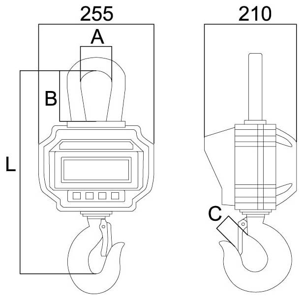 Technische Strichzeichnung einer Hängewaage mit Vorder- und Seitenansicht mit den Abmessungen 255, 210 und gekennzeichneten Teilen A, B, C und L.