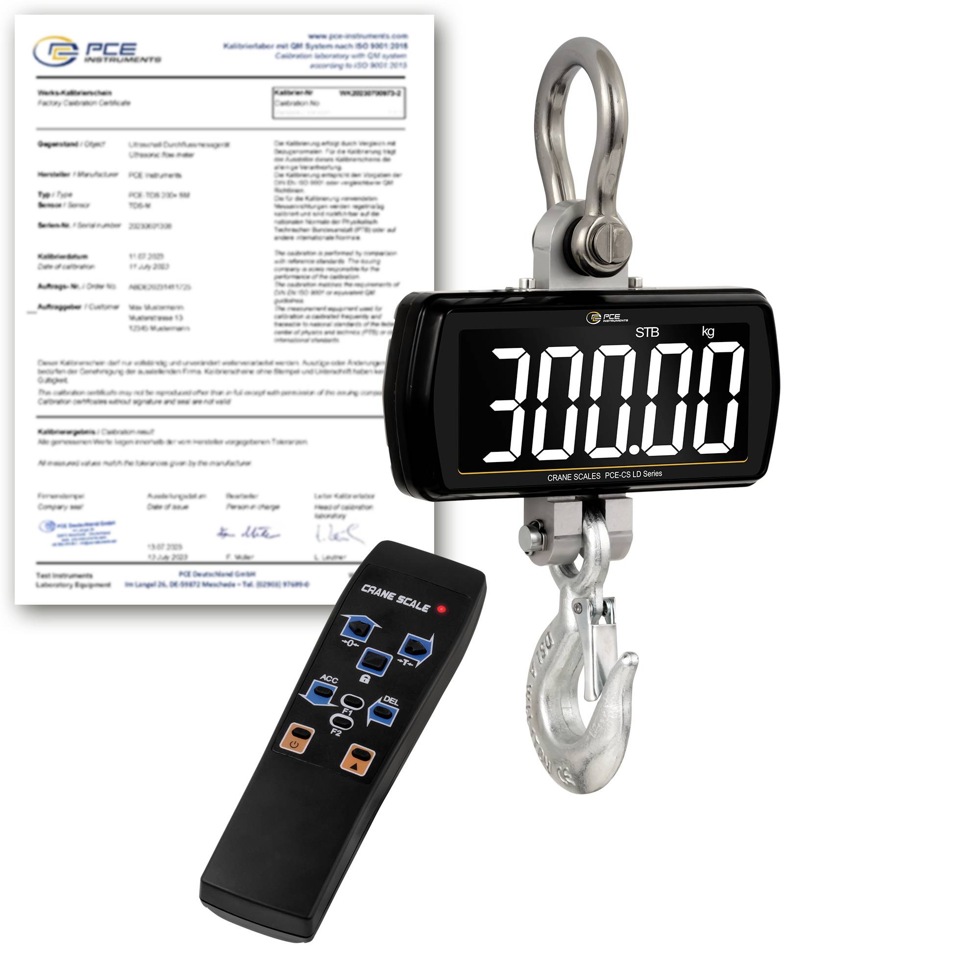 Digitale Kranwaage mit Haken und Fernbedienung, Display zeigt „300,00