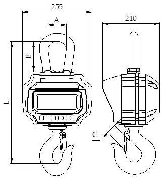 Technische Strichzeichnung einer Hakenwage in Front- und Seitenansicht mit gekennzeichneten Abmessungen A, B, C, 255, 210 und L.