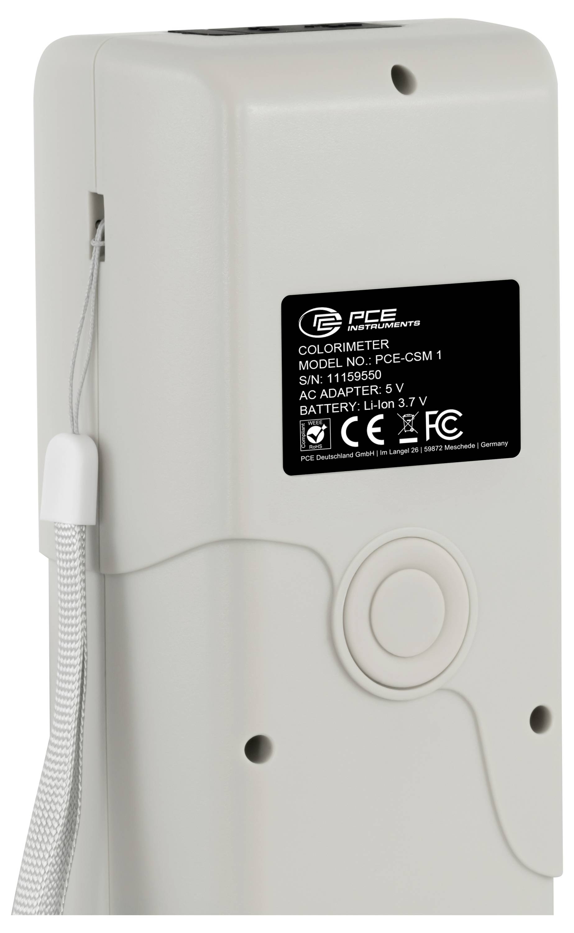 Rückseite eines tragbaren PCE-Kolorimeters, das das Etikett, das Batteriefach und den Handgelenksgurt zeigt.