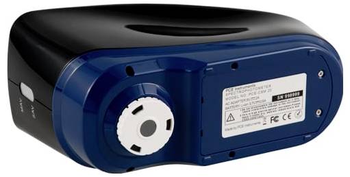 Blaues und schwarzes elektronisches Gerät mit einem kreisförmigen weißen Anschlussport und Produktetikett auf der Seite, gezeigt auf weißem Hintergrund.