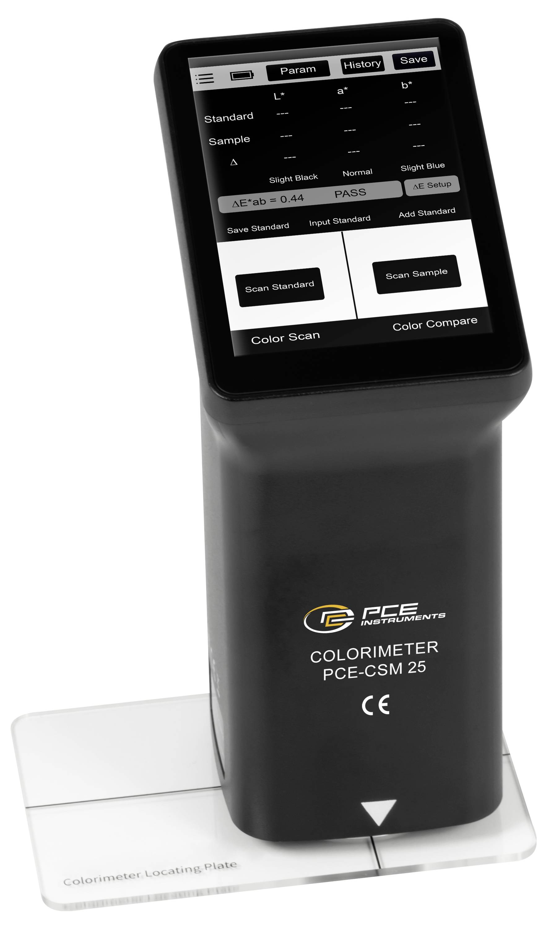 Tragbares Kolorimeter auf einer Grundplatte, das ein Touchscreen mit Optionen wie „Farbscan