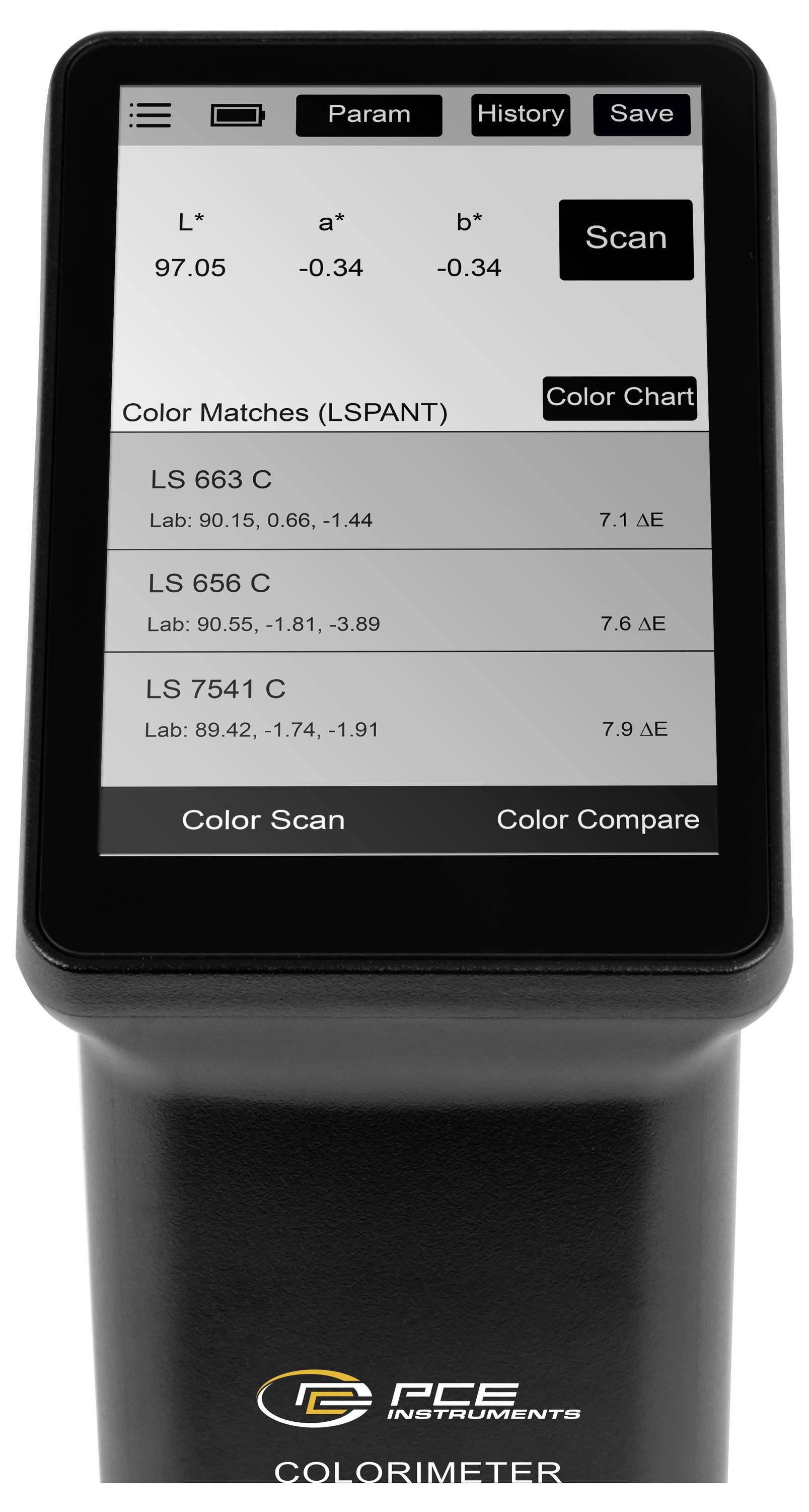 Tragbares Kolorimeter-Display mit Lab-Messwerten und einer Liste übereinstimmender Farben, mit Schaltflächen für „Scan