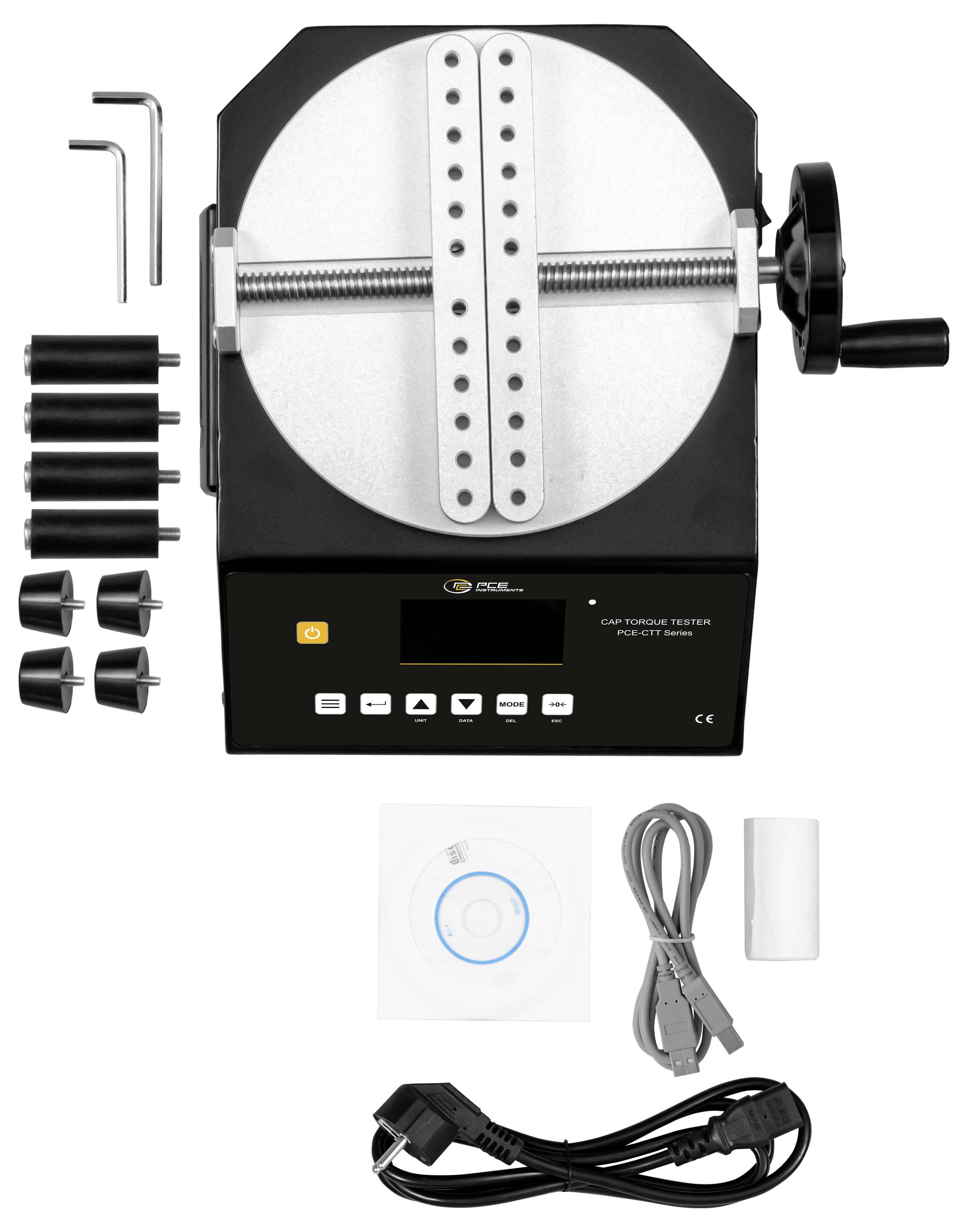 Foto eines Verschlusskappe-Drehmoment-Prüfers mit einer kreisförmigen Klemme, seitlichem Griff und mitgelieferten Adaptern, USB-Kabel, Stromkabel und Zubehör, das um ihn herum angeordnet ist.