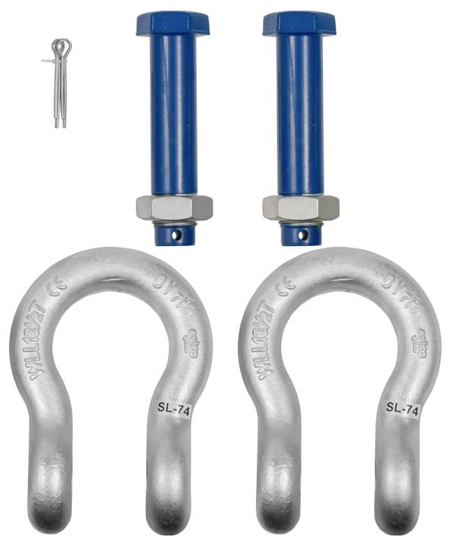 Zwei silberne U-förmige Schäkel, zwei blaue Stiftbolzen und ein Splint, dargestellt als Hardware-Set auf weißem Hintergrund.