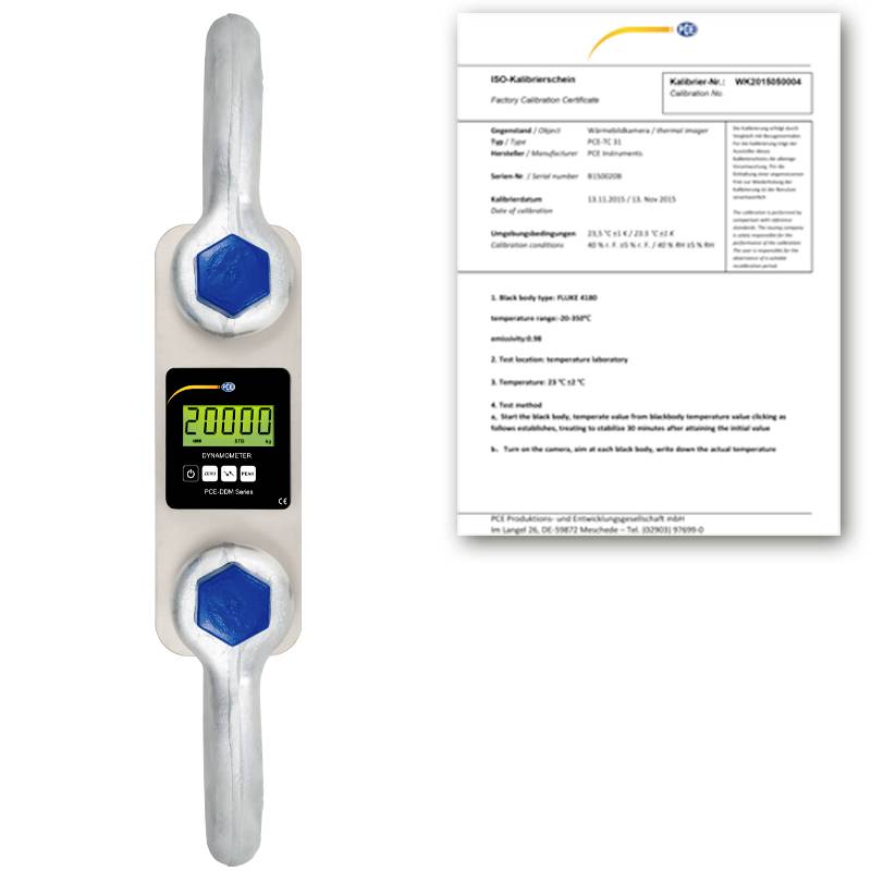 Digitales Dynamometer mit zwei blauen Befestigungspunkten und einer 2000er-Anzeige neben einem Werkskalibrierschein-Dokument.