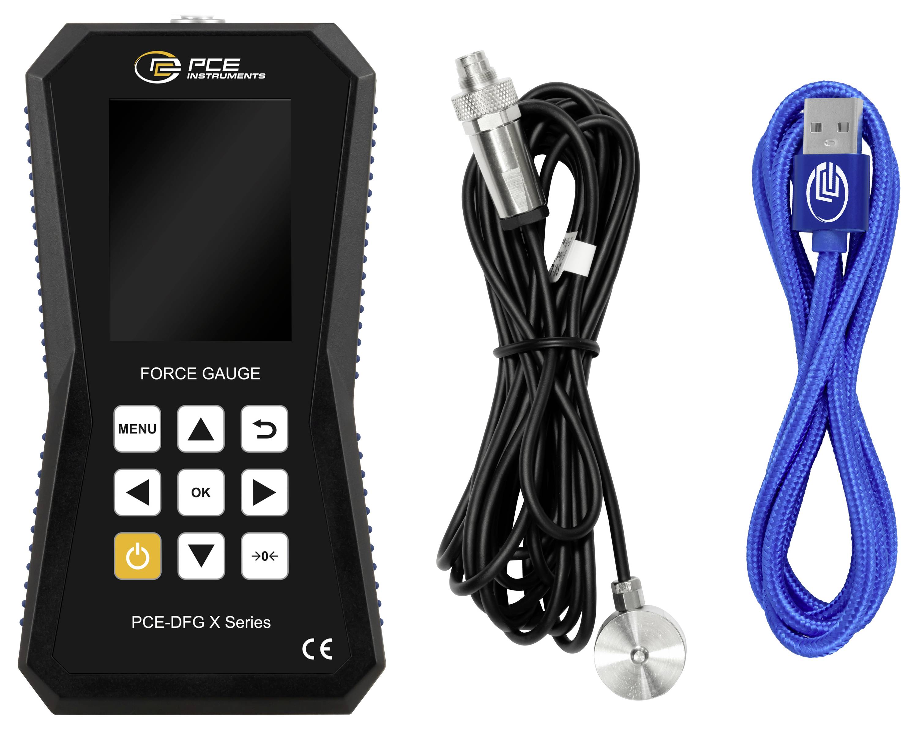Kraftmesser-Set mit tragbarem PCE-DDF-X Series Messgerät, Kabelprobe und blauem USB-Lade-/Datenkabel.