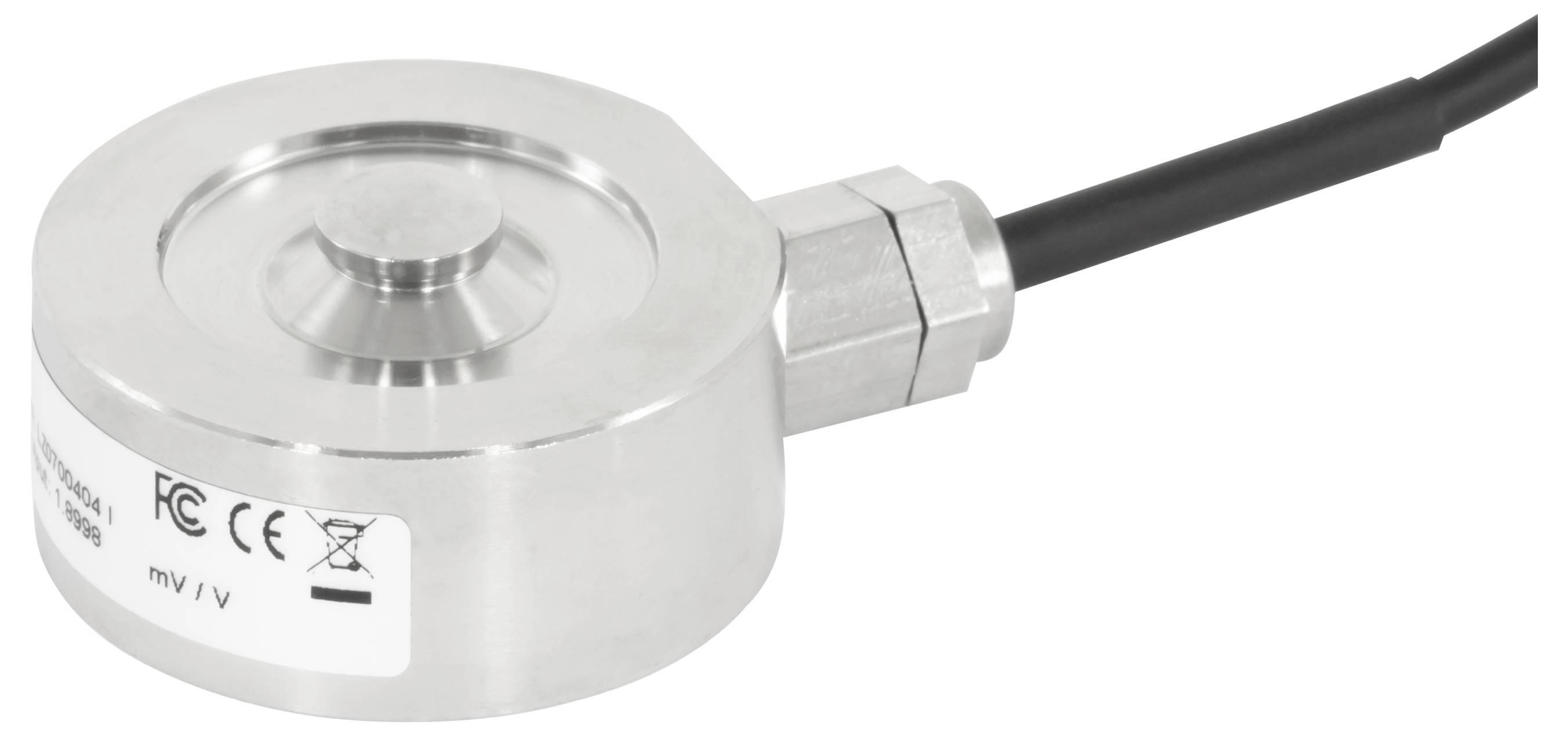 Silberner zylindrischer Sensor/Druckaufnehmer mit schwarzem Kabel auf weißem Hintergrund, auf der Seite Zertifizierungsetiketten zeigend.