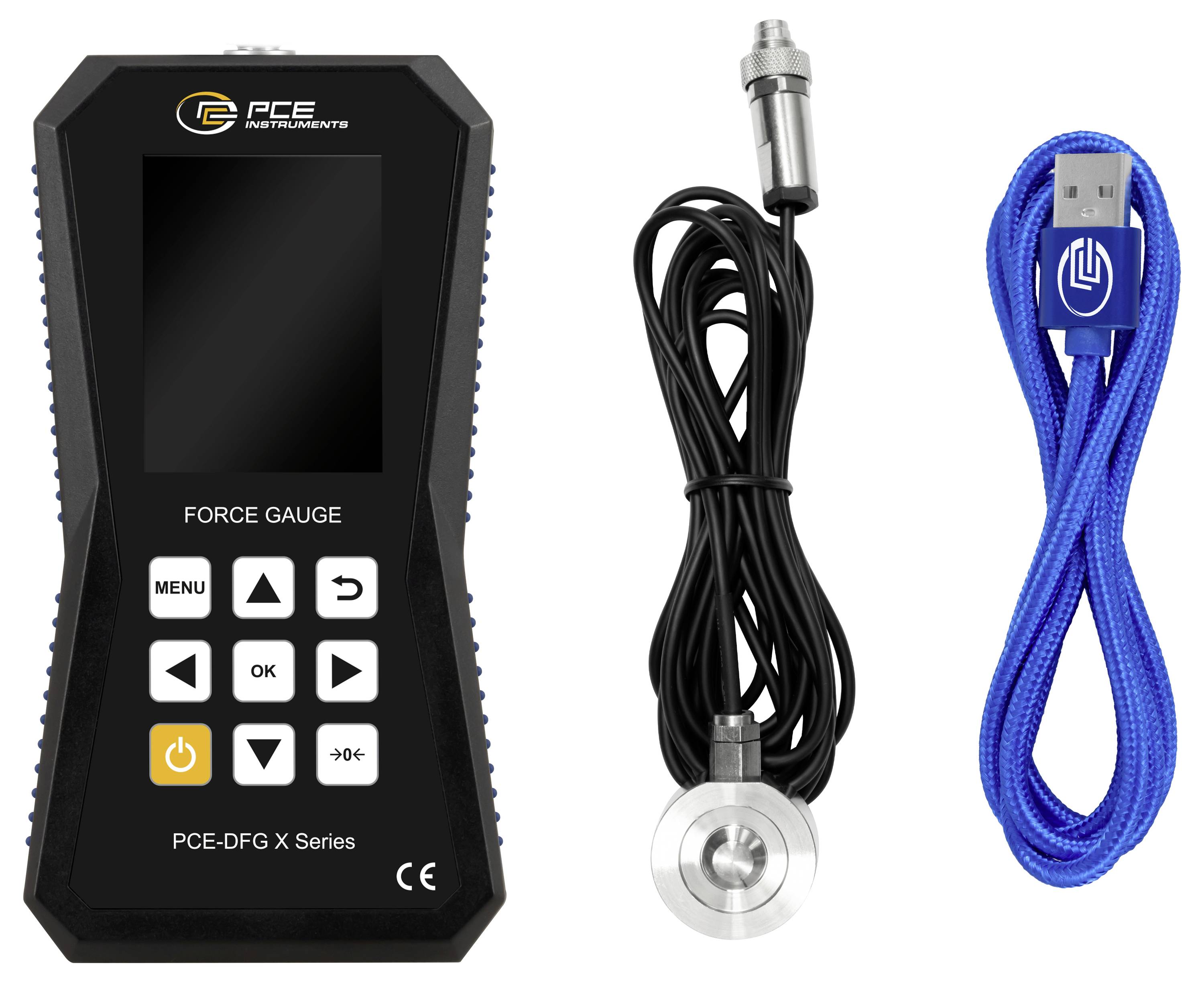 PCE Kraftmessgerät mit digitaler Anzeige und Tasten, abgebildet mit angeschlossenem Sensorkabel und blauem USB-Kabel.