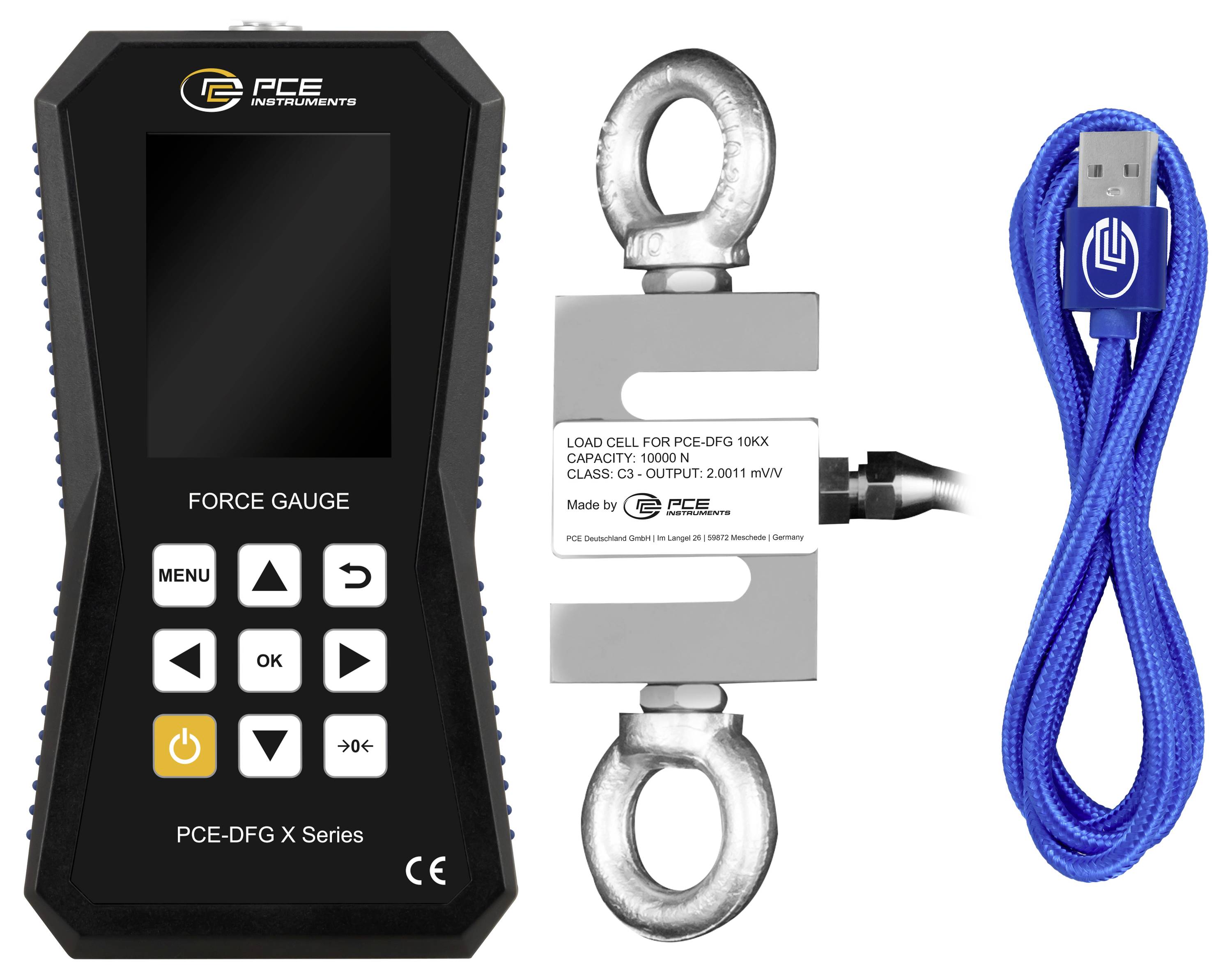 PCE Kraftmessgerät-Set mit digitalem Kraftmessgerät, Wägezelle mit Ösen und blauem USB-Kabel.