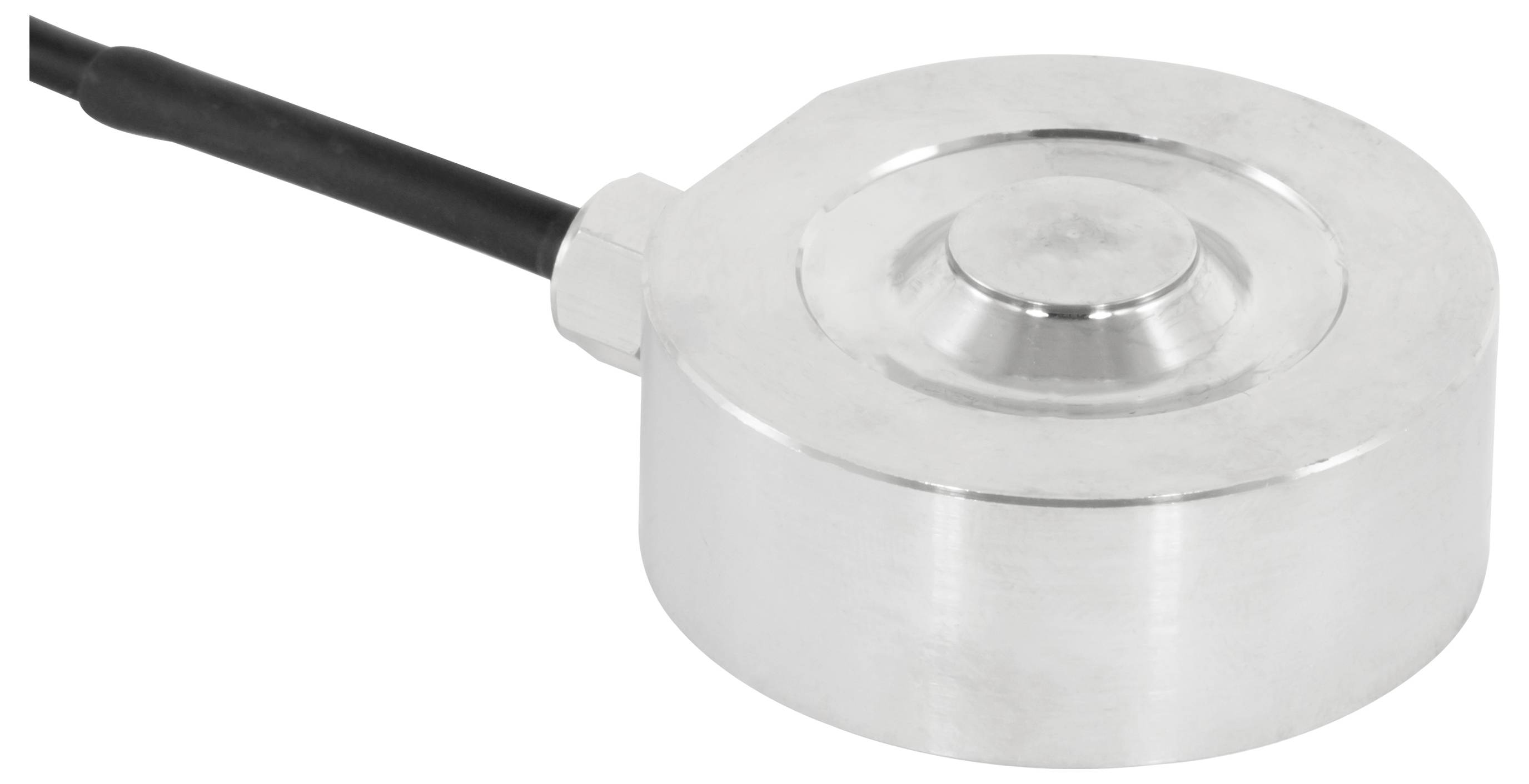 Nahaufnahme eines runden silbernen Metallsensors oder einer Wägezelle mit einem angeschlossenen schwarzen Kabel, dargestellt auf weißem Hintergrund.