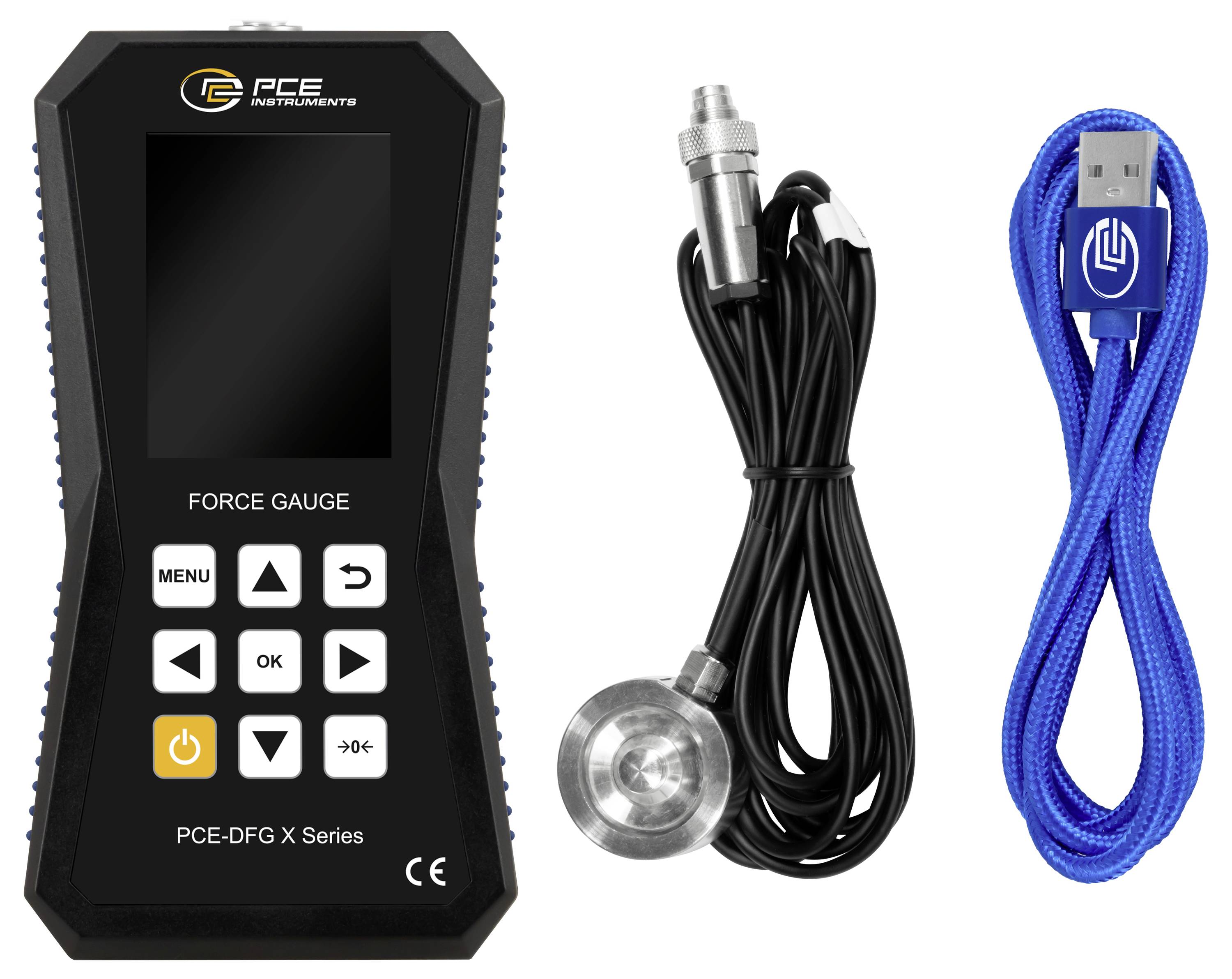 Force-Messkammer-Set mit tragbarem digitalen PCE-DPG X Series-Messgerät, Sensorprobe und blauem USB-Kabel.