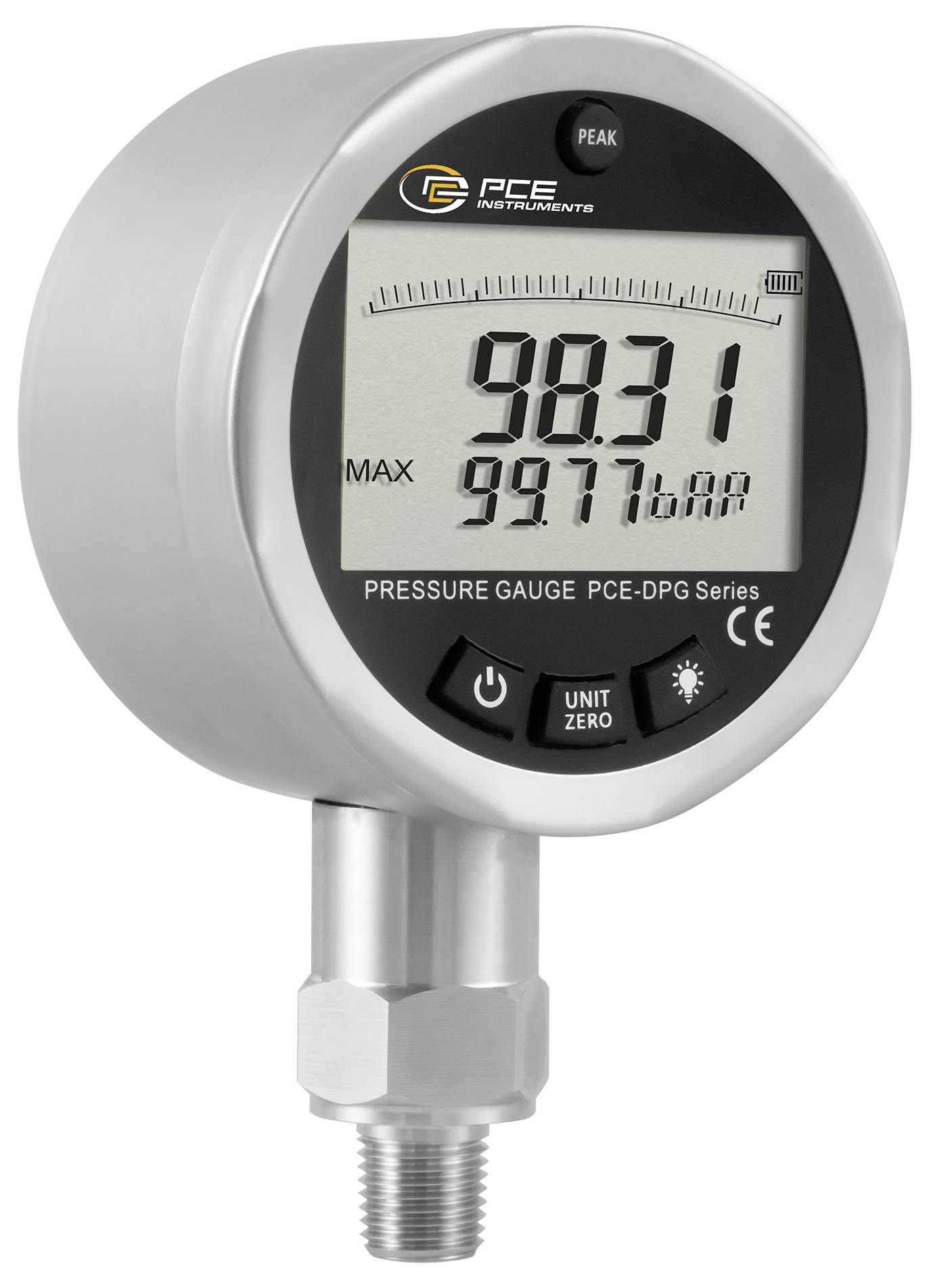 Digitales PCE-Druckmanometer mit Anzeige von 98,31 und Maximum 99,7 hPa, mit Nullpunkt- und Ein-/Aus-Schaltern.
