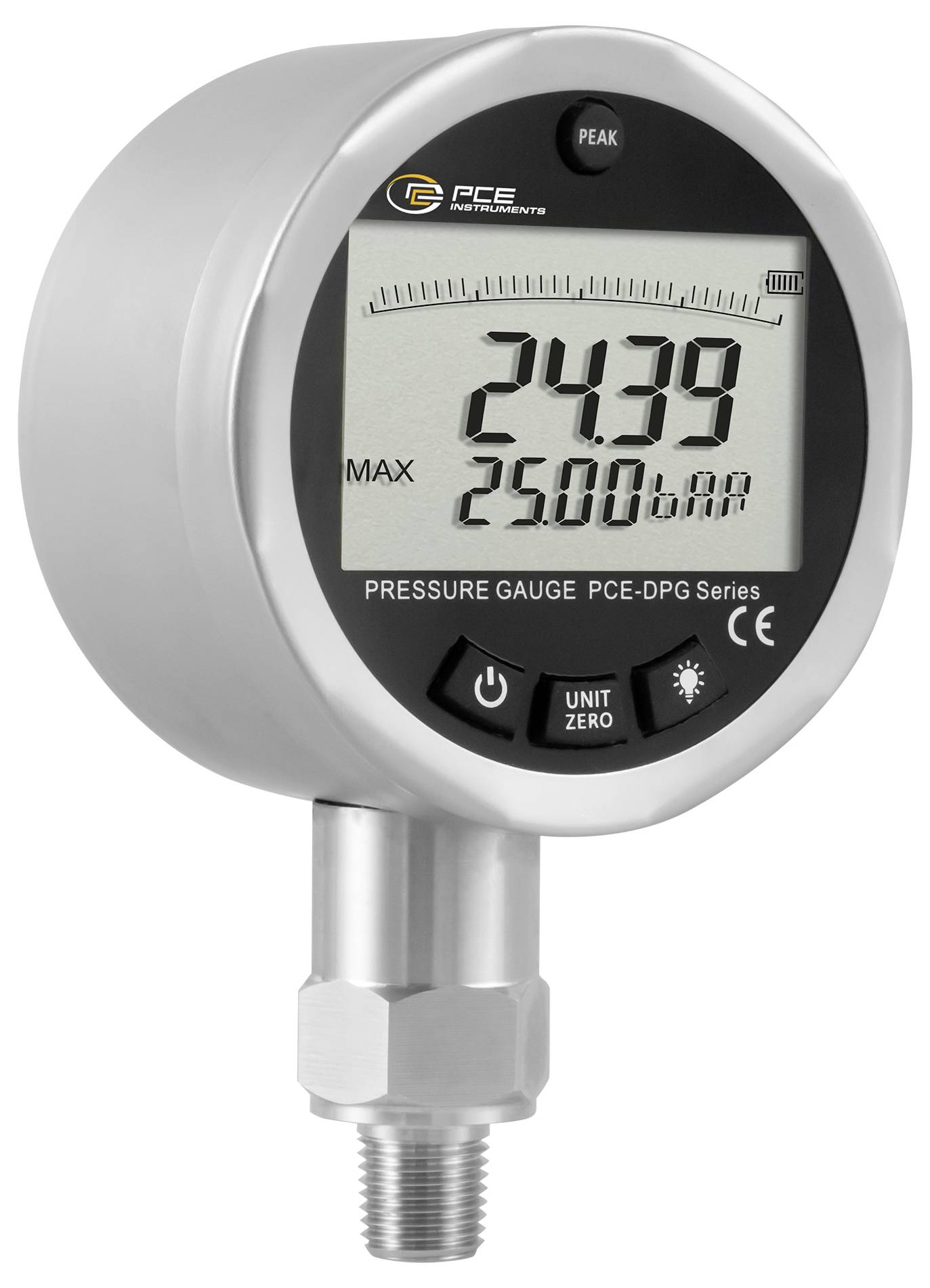 Digitales Druckmessgerät mit Anzeige von 24,39 und Maximum von 25,00 bar, mit gewindeltem Metallstecker und PCE Instruments-Branding.