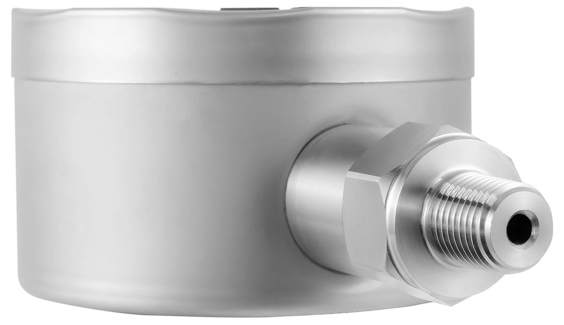Silbernes zylindrisches Druckmanometer oder Sensorgehäuse mit einer gewindelten Metallarmatur, die von der Seite herausragt