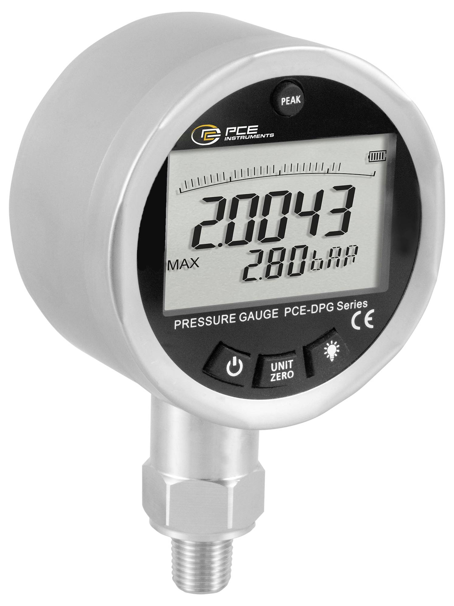 Digitales Druckmessgerät mit LCD-Display, das 2,0043 und max 2,800 bar anzeigt, mit der Bezeichnung PCE-DPG Serie, montiert auf verschraubter Metallarmatur.