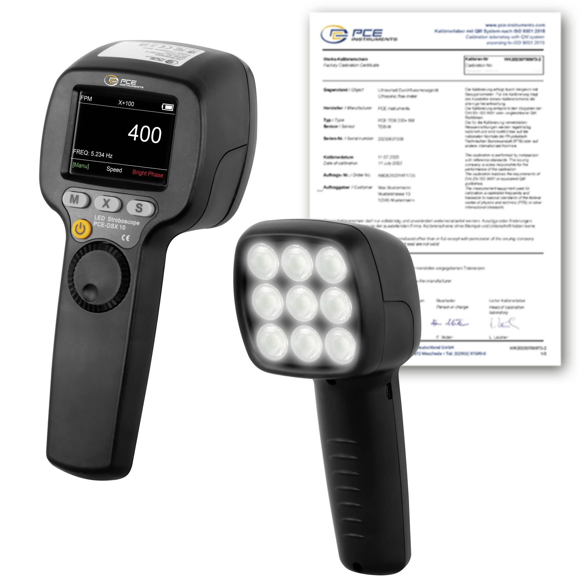 Tragbares PCE X100 Luxmeter mit digitaler Anzeige und separater Inspektionsleuchte, dargestellt mit einem Kalibrierzertifikat dahinter.