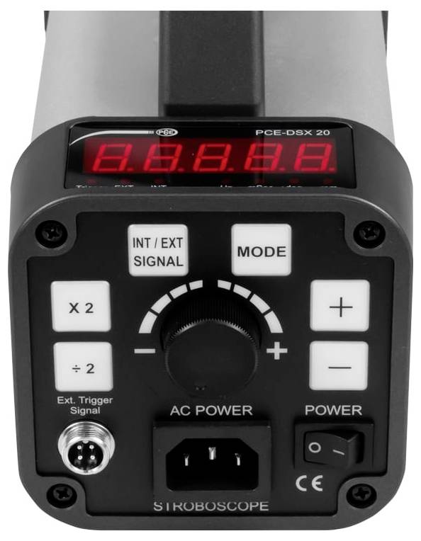 Frontplatte eines PCE-DSX 20 Stroboskops mit rotem digitalen Display, Mode- und Signaltasten, Einstellregler, Netzschalter und Stromversorgungseingang.