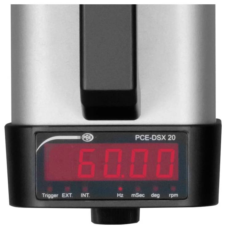 Digitale Messwertanzeige, die 60.00 auf einem PCE-DSX 20-Gerät anzeigt, mit Einheitsanzeigen für Hz, mSec, Grad und U/min.