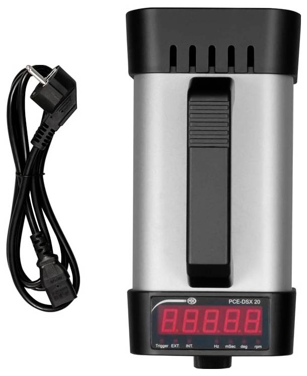 Elektrische digitale Tischwaage oder Messinstrument mit Anzeigefeld und angeschlossenem Stromkabel, Vorderansicht dargestellt.