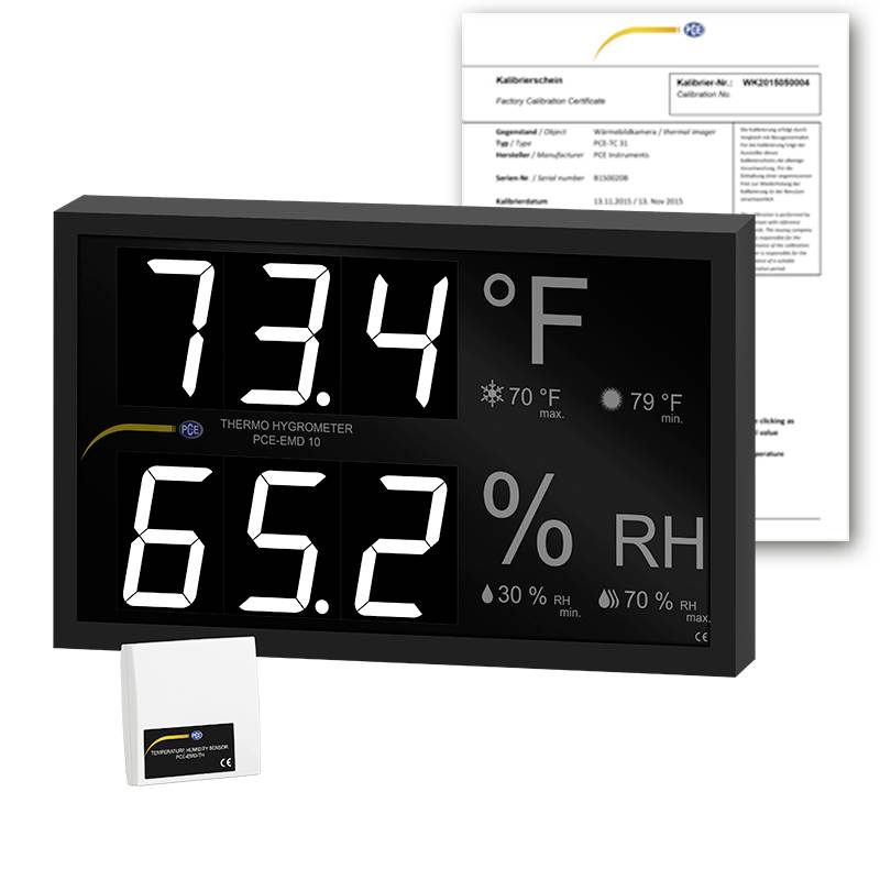 Digitales Thermo-Hygrometer-Display zeigt 73,4°F und 65,2% RH, mit Kalibrierungszertifikat und Sensoreinheit, die dahinter und darunter gezeigt werden.