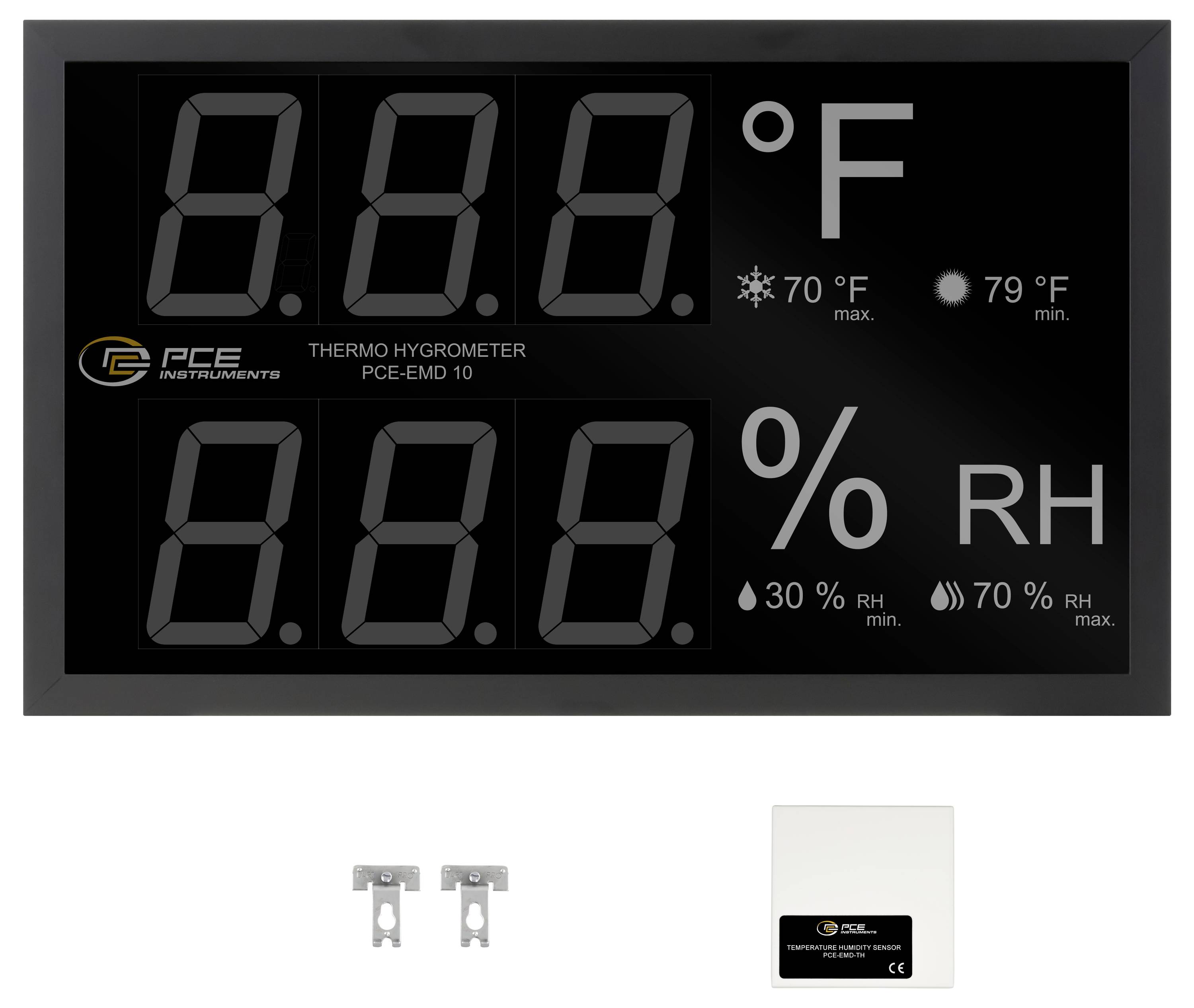 Digitales Thermo-Hygrometer-Display mit Temperatur- und Feuchtigkeitsanzeige, Max/Min-Indikatoren und beigefügter Wandmontagehardware und Sensoreinheit.