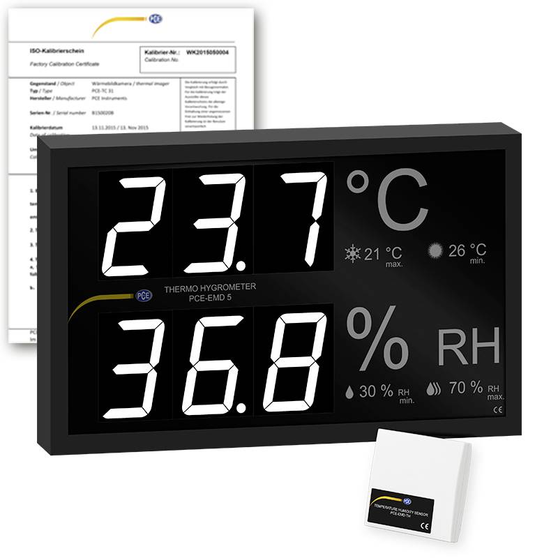 Digitales Thermo-Hygrometer-Display zeigt 23,7°C und 36,8% relative Luftfeuchte an, mit Kalibrierungszertifikat und Sensorzubehör im Hintergrund.