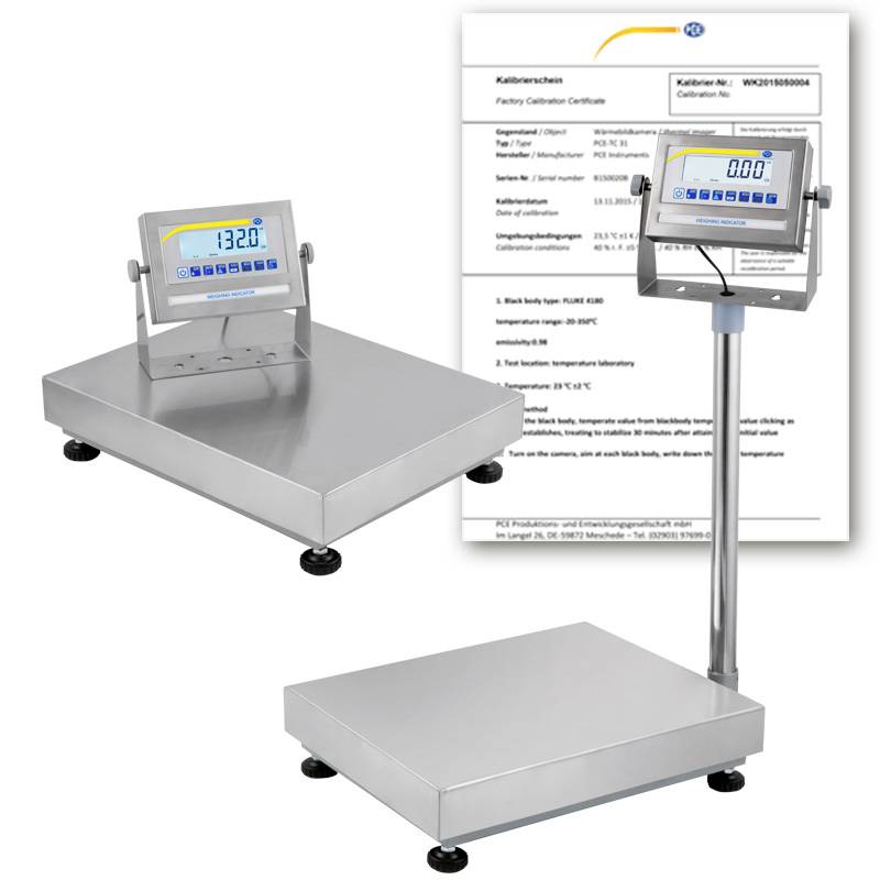 Edelstahlplattform-Kalibrierwaage mit digitaler Anzeigevorrichtung, dargestellt mit einem Kalibrierungszertifikat im Hintergrund.