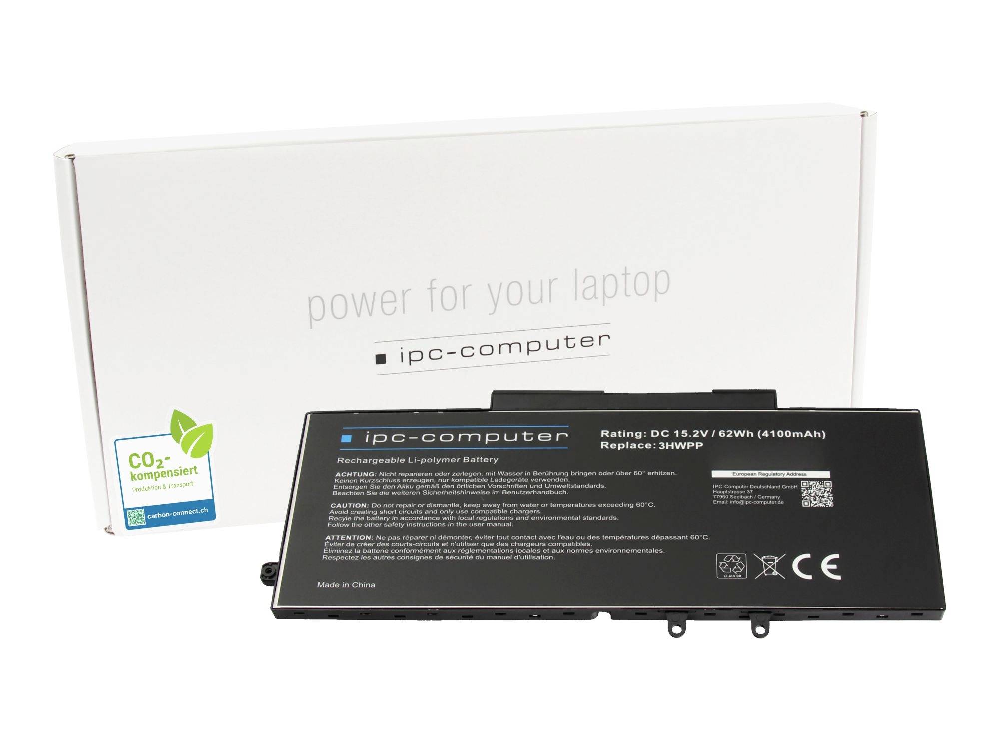 Laptop-Akku vor einer weißen Box mit der Aufschrift „Stromversorgung für Ihren Laptop