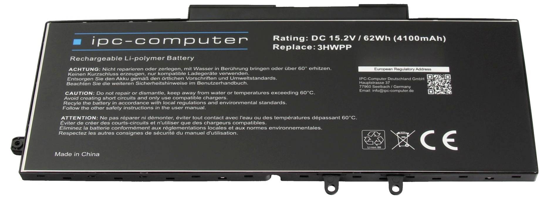Black IPC-Computer wiederaufladbarer Lithium-Polymer-Akku mit der Bezeichnung „Nennleistung: DC 15,2 V / 62 Wh (4100 mAh)