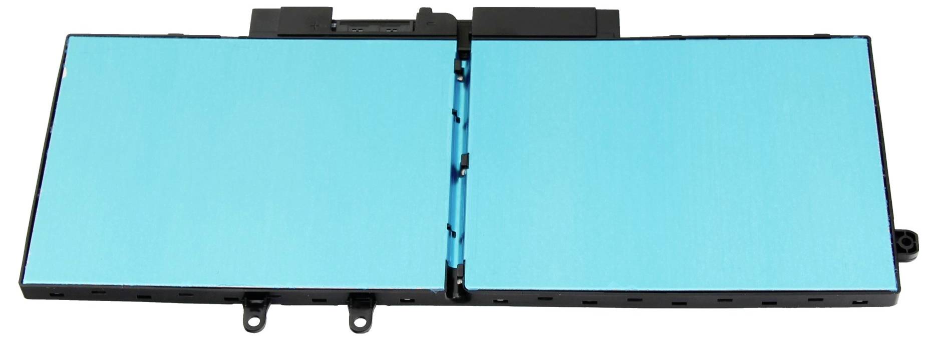 Offene Laptop-Batterieverpackung mit zwei türkisfarbenen Zellen nebeneinander verbunden auf weißem Hintergrund.