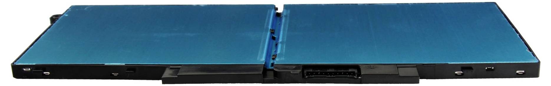 Eine blaue, offene Muschelschalen-Handspielkonsole oder tragbares Gerät, von oben geschlossen-flach gezeigt, mit einem sichtbaren Scharnier und Anschlüssen entlang der unteren Kante.