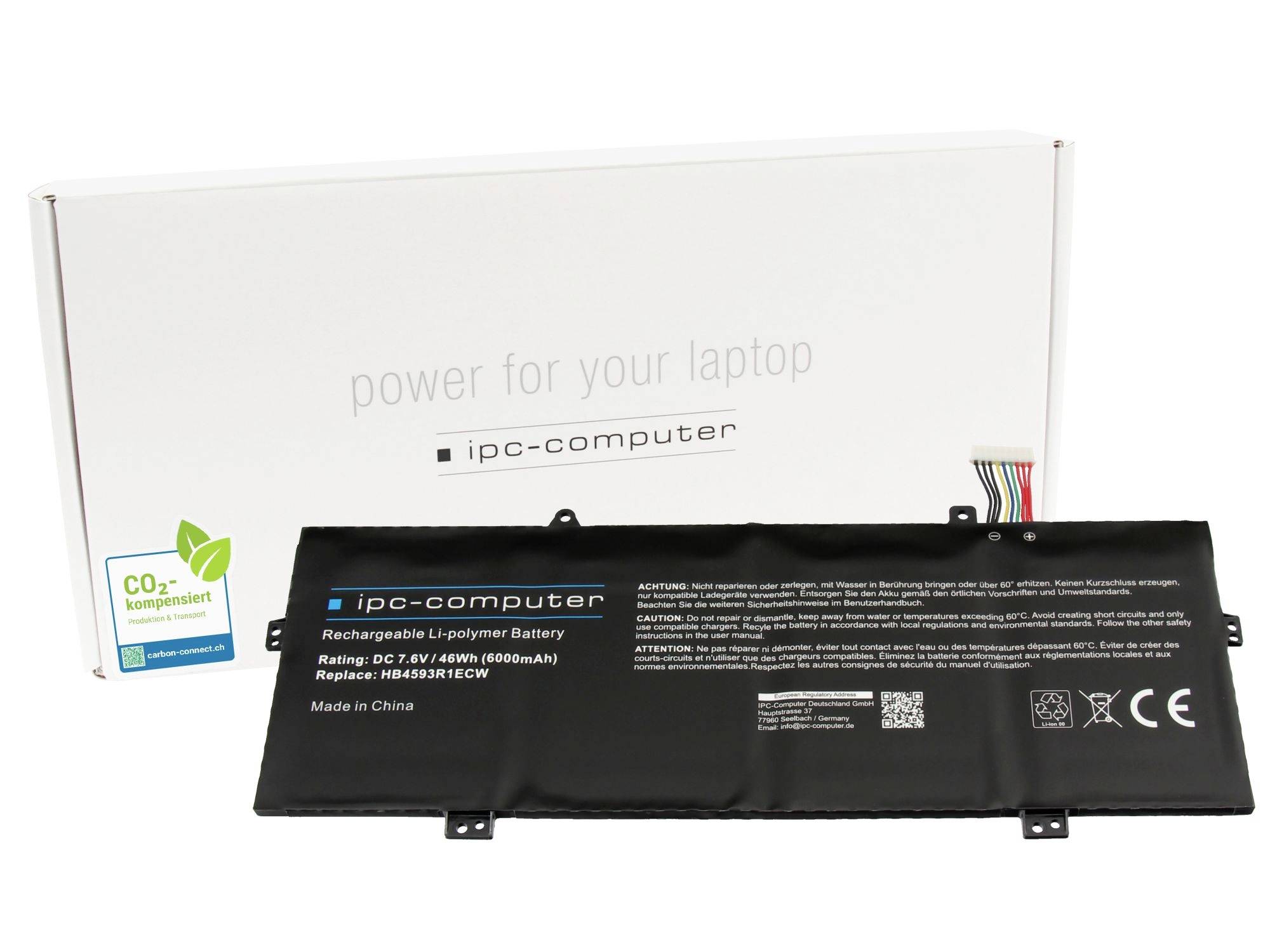 Schwarzer IPC-Computer wiederaufladbarer Laptop-Akku vor seiner weißen Einzelhandelsschachtel mit der Aufschrift 