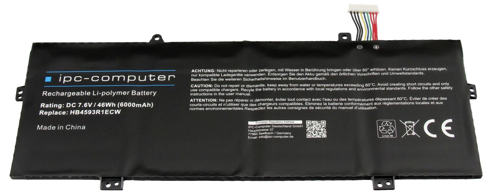 Schwarzer austauschbarer wiederaufladbarer Li-Polymer-Akku für einen IPC-Computer, gekennzeichnet mit 7,6V 46Wh 6000mAh, mit angeschlossenen mehrfarbigen Steckverbinderkabeln.