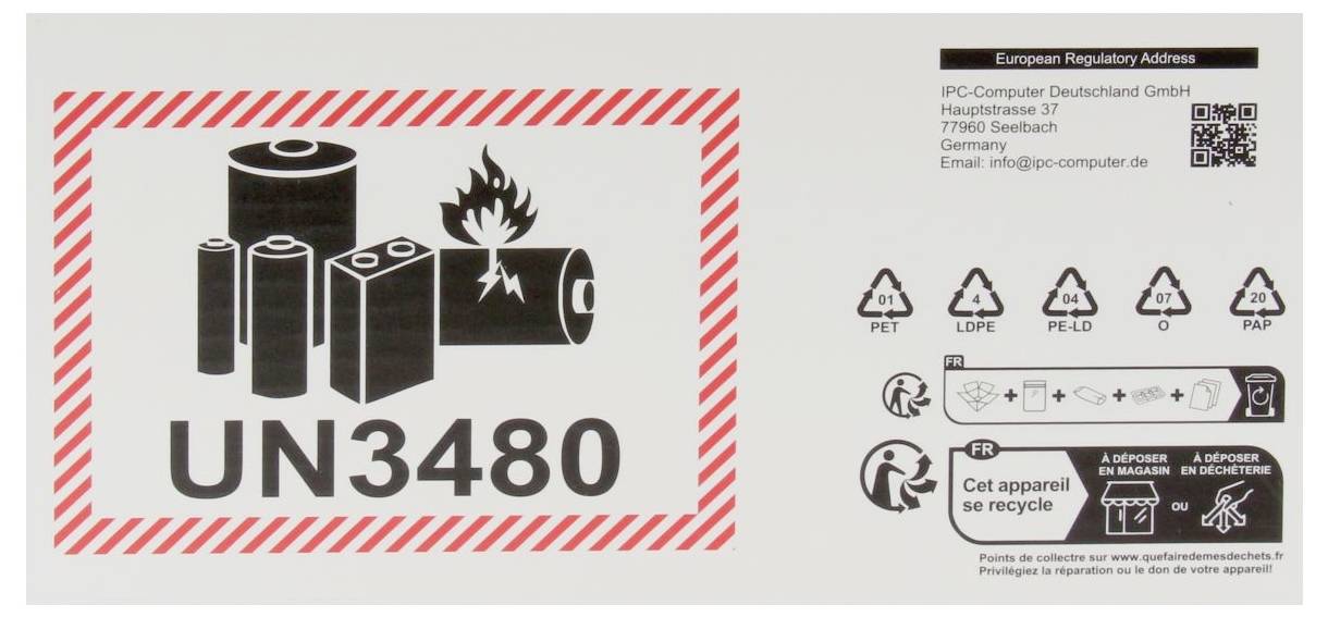 Lithium-Batterie-Warnetikett mit UN3480, Batteriesymbolen, Recycling-Symbolen und europäischen Behördenanschriften/Handhabungsanweisungen.