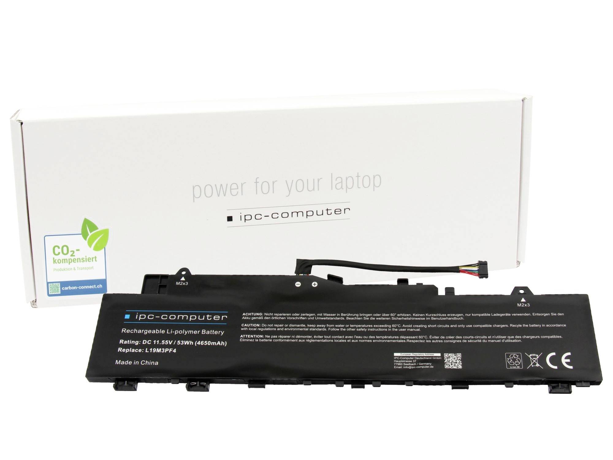 Ersatz-Laptop-Akku, der vor seiner Verpackungsbox gezeigt wird, auf der „Stromversorgung für Ihren Laptop