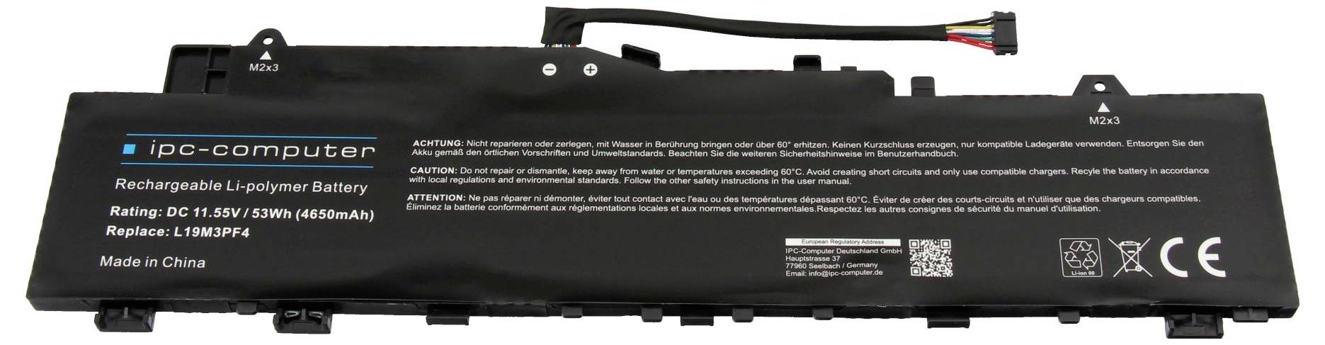 Schwarzer wiederaufladbarer Lithium-Polymer-Akku für einen IPC-Computer, mit der Bezeichnung 11,55V 53Wh, mit Stromkabeln und Stecker.